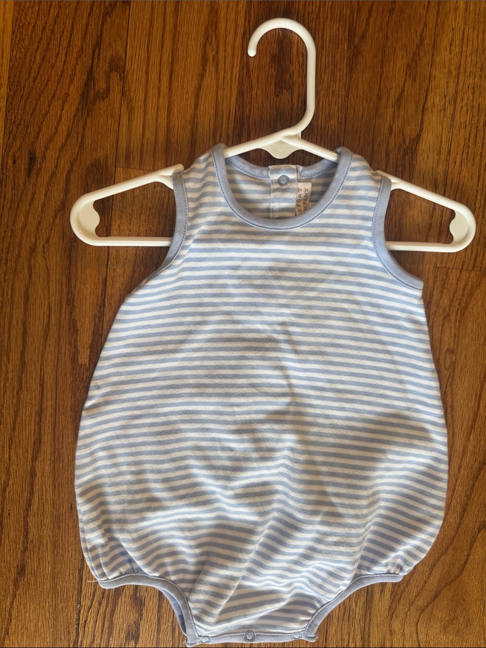 The Beaufort Bonnet Company Light Blue and White Striped Infant Patton play